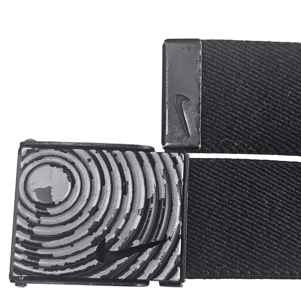 Nike Black Web Belt Plaque Buckle Bottle Opener Swoosh Logo Adjustable Canvas